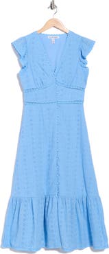 Ellen Tracy Embroidered Eyelet Cap Sleeve Cotton Poplin Midi Dress