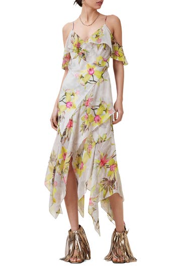 Allsaints Womens Adena Soft Pin Grace Floral-print Stretch-woven Midi Dress