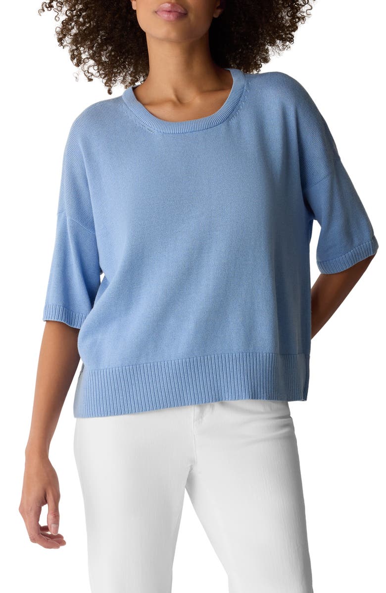 Eileen Fisher Elbow Sleeve Organic Cotton Blend Crewneck Sweater, Main, color, Skylight