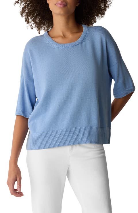 Eileen Fisher Elbow Sleeve Organic Cotton Blend Crewneck Sweater (Regular & Petite)