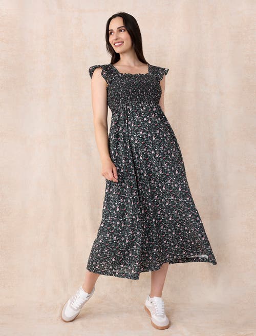 Motherhood Maternity Sleeveless Ruffle Shoulder Smocked Maxi Dress In Black