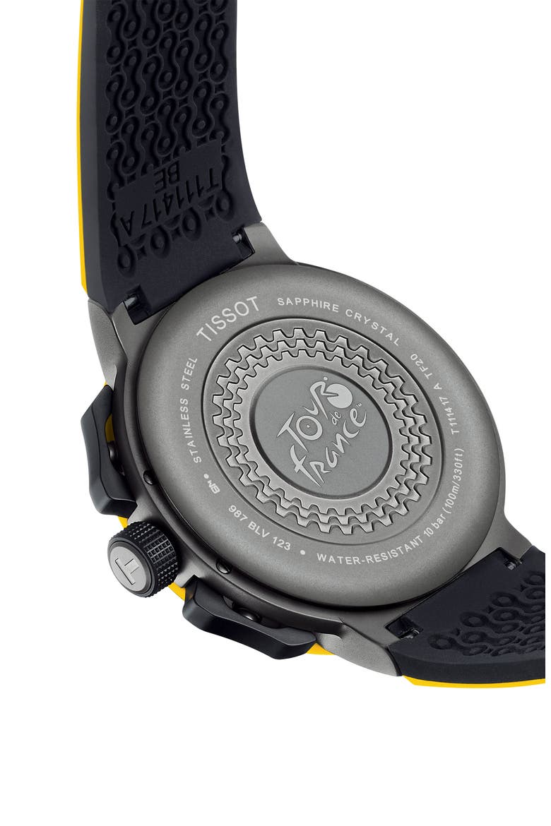 T-Race Cycling Tour de France 2020 Chronograph Silicone Strap Watch, 44mm, Alternate, color, BLACK/ YELLOW