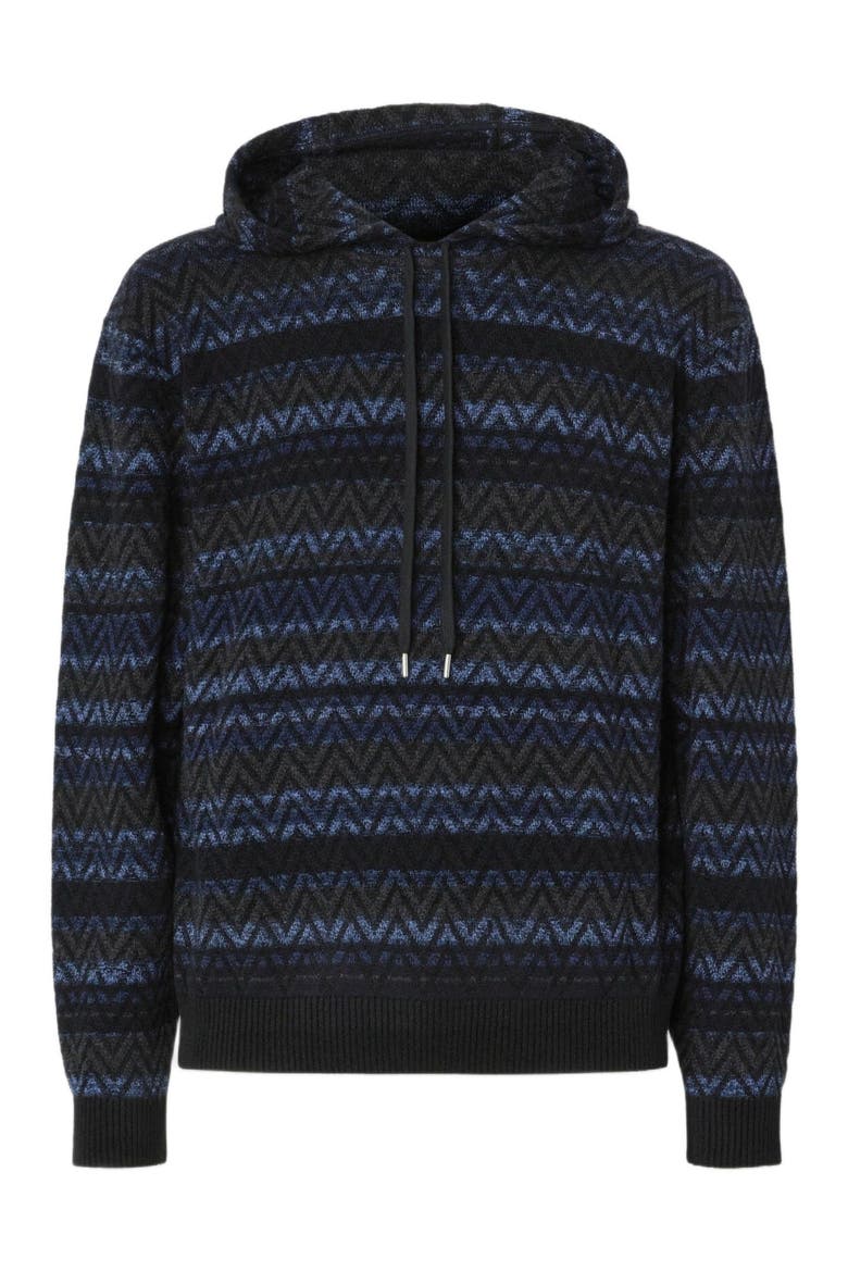 Hooded Sweater In Wool Blend With Zigzag Pattern, Alternate, color, Black & Blue