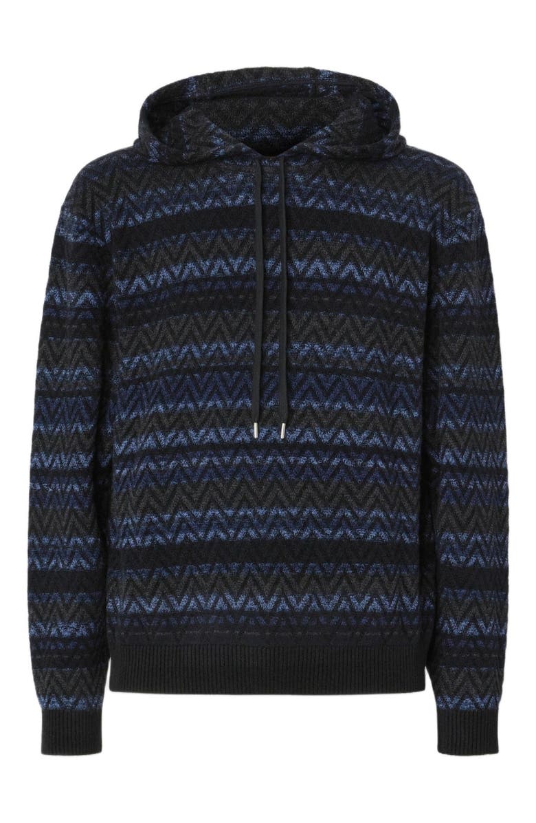 Missoni Hooded Sweater In Wool Blend With Zigzag Pattern, Alternate, color, Black & Blue