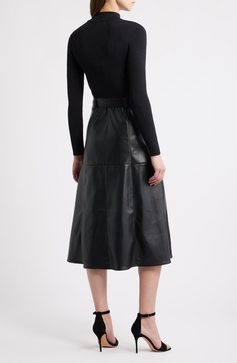 Elie Tahari The Miranda Long Sleeve Mixed Media Faux Leather Midi Dress, Alternate, color, Noir Black