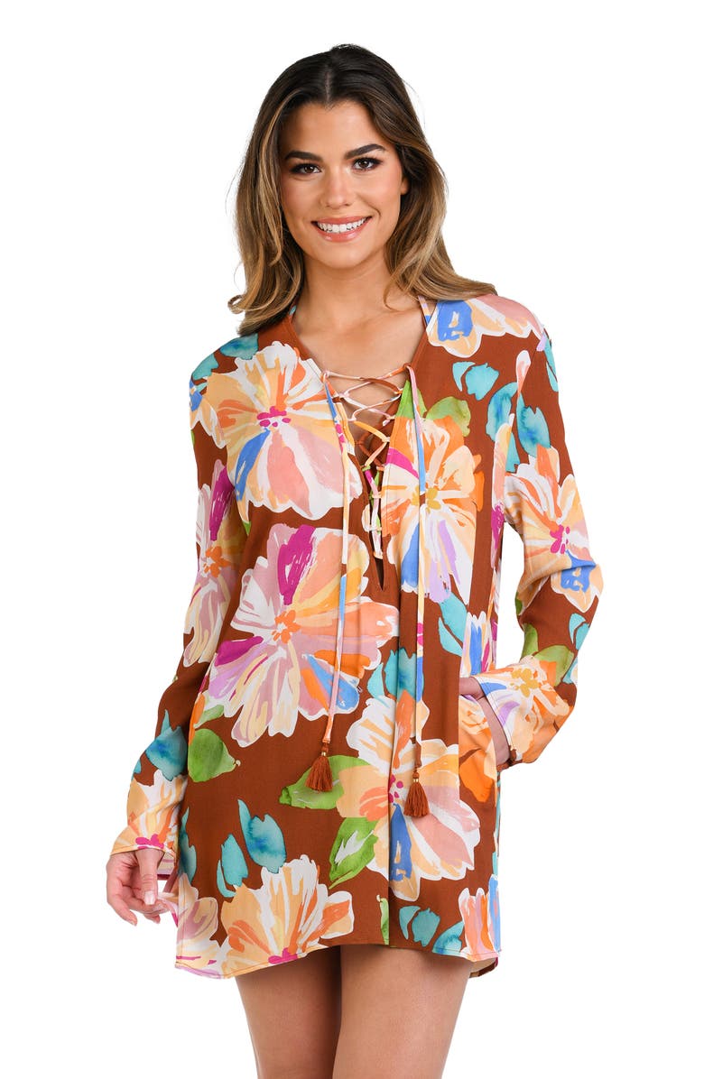 La Blanca Saharan Sands V-Neck Cover-Up Tunic, Alternate, color, Cinnamon