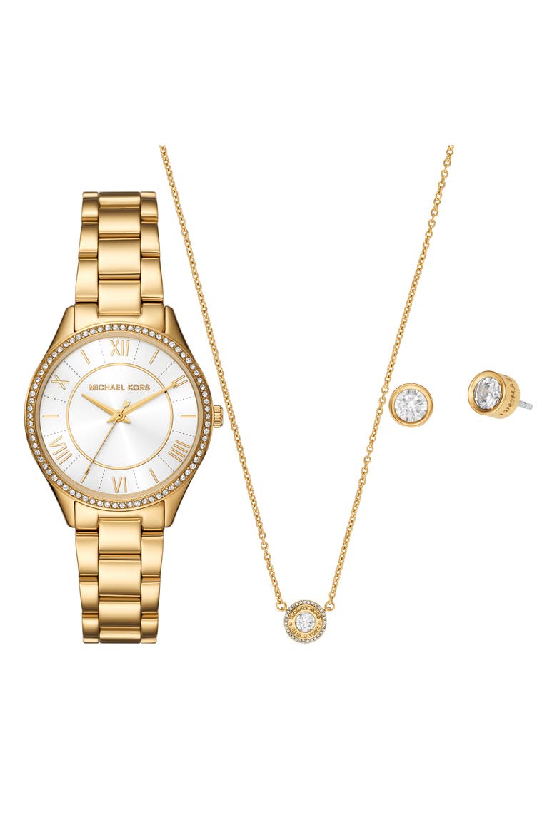 Lauryn Quartz Bracelet Watch, Stud Earrings & Necklace Set, 33mm, Main, color, GOLD