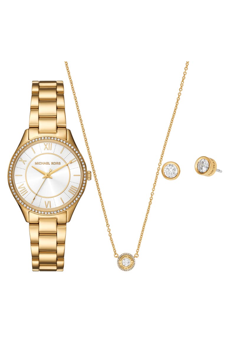 Michael Kors Lauryn Quartz Bracelet Watch, Stud Earrings & Necklace Set, 33mm, Main, color, Gold