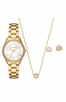 Michael Kors Lauryn Quartz Bracelet Watch, Stud Earrings & Necklace Set, 33mm