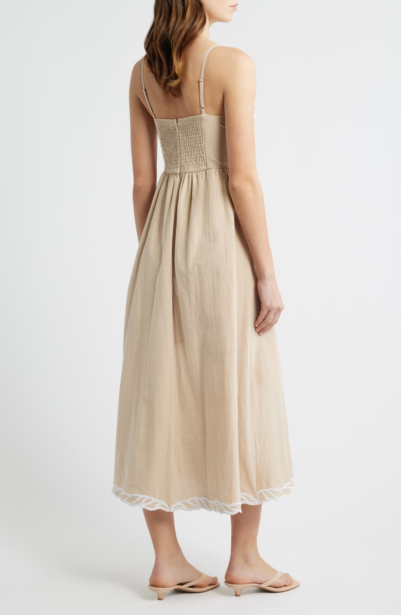 MOON RIVER Embroidered V-Neck Midi Dress, Alternate, color, Taupe