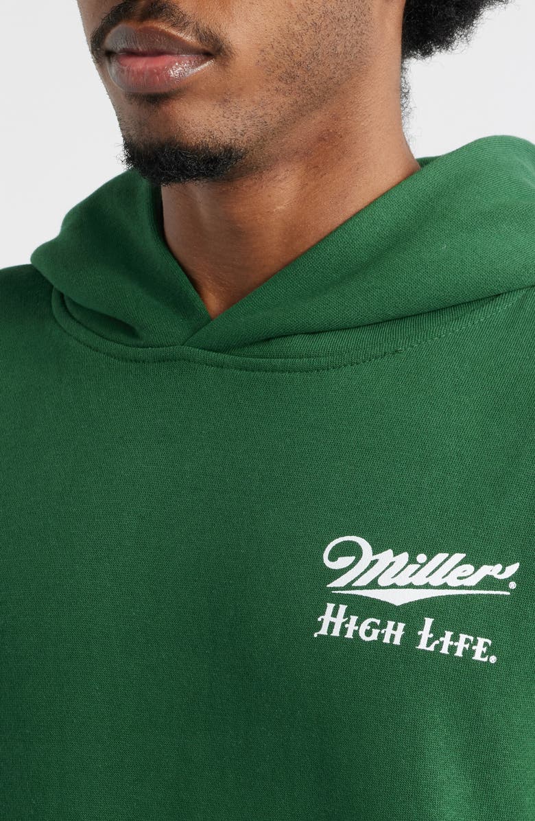 The Forecast Agency Miller High Life Graphic Hoodie, Alternate, color, Forest