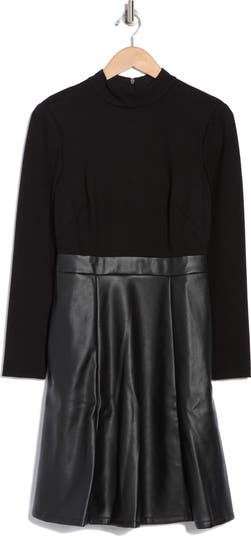 Mock Neck Knit & Faux Leather Twofer Dress