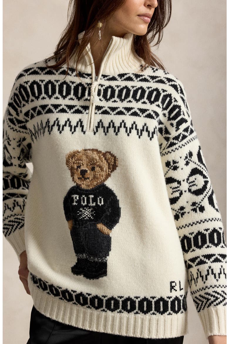 Intarsia Bear Half Zip Sweater, Alternate, color, WHITE