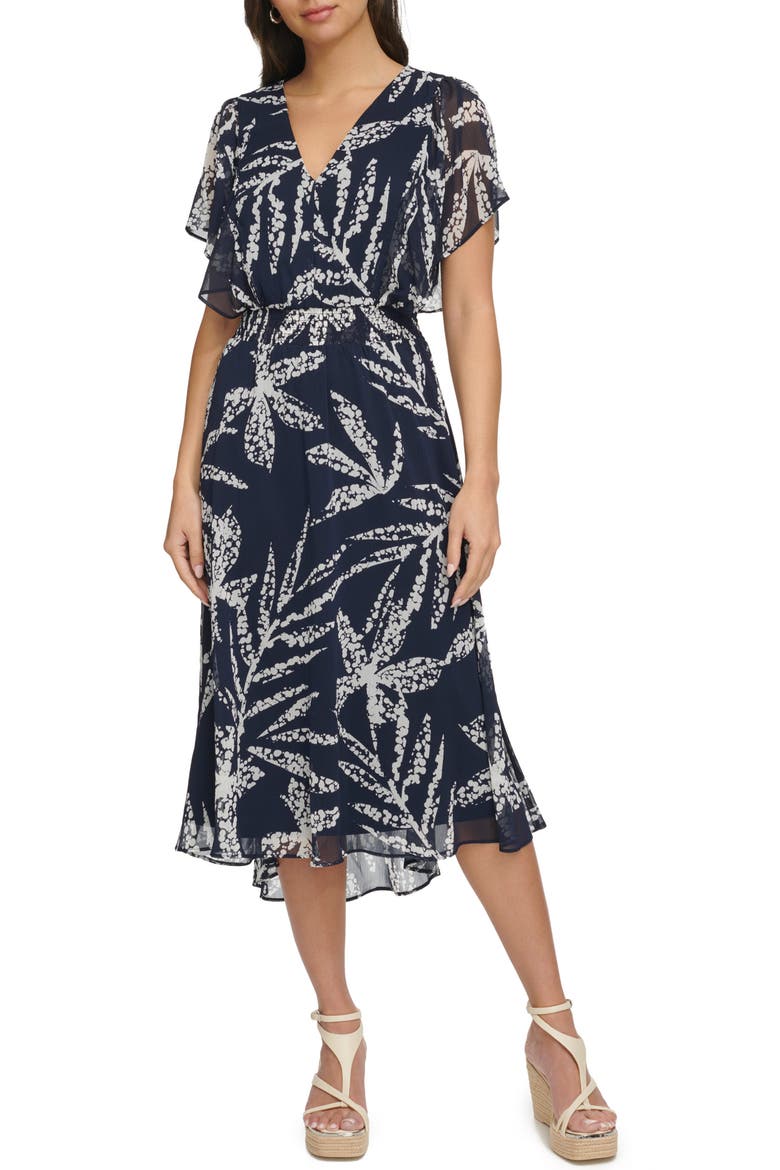 Flutter Sleeve Chiffon Midi Dress, Main, color, SPRING NAVY