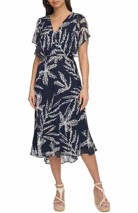DKNY Flutter Sleeve Chiffon Midi Dress