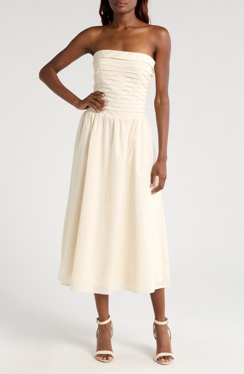 Olivia Pleated Bodice Convertible Strapless Cotton Midi Dress