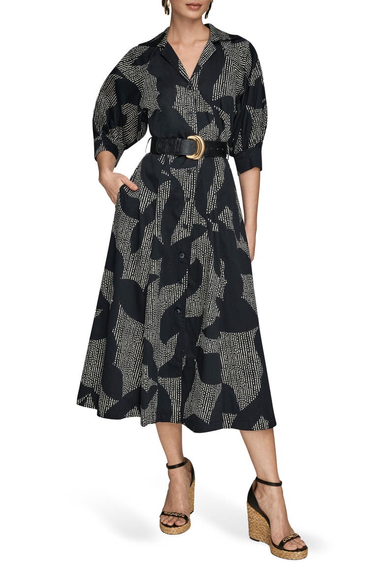 Abstract Print Belted Midi Shirtdress, Main, color, BLACK/ SAND