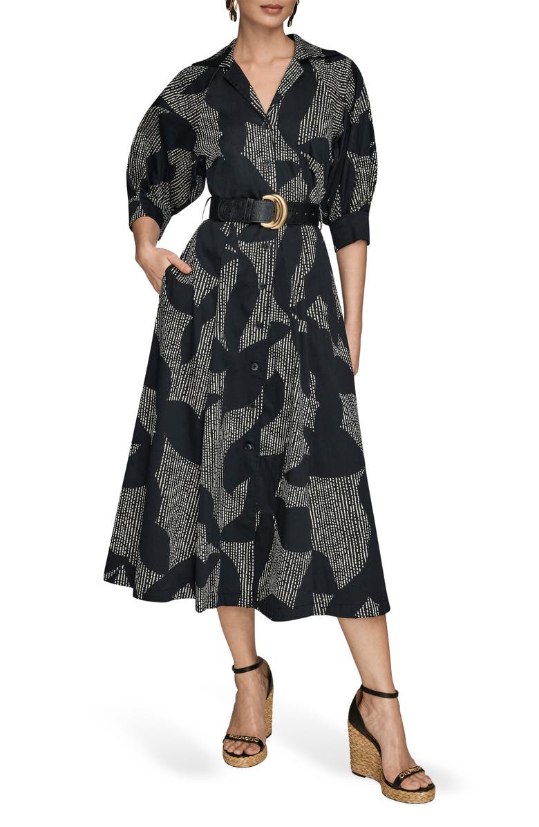 Donna Karan New York Abstract Print Belted Midi Shirtdress, Main, color, Black/ Sand