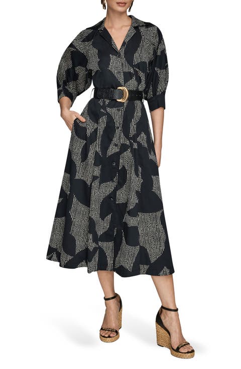 Abstract Print Belted Midi Shirtdress