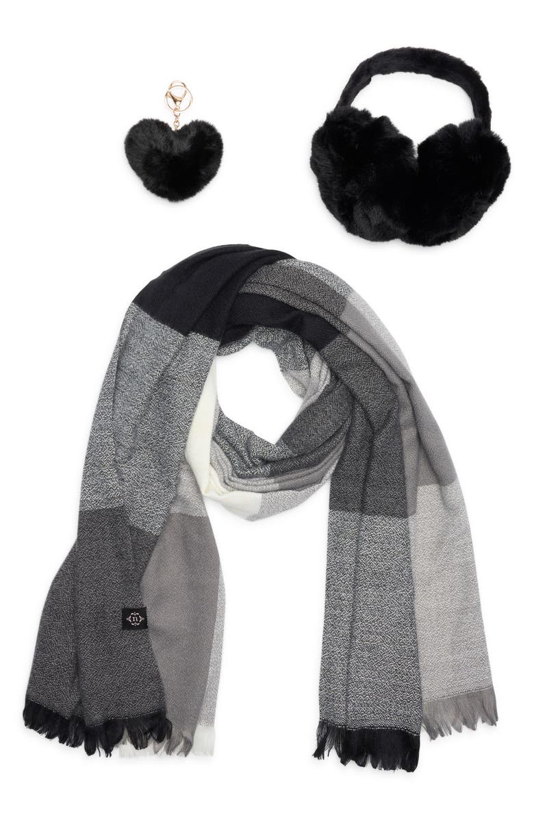 Nanette Lepore Scarf, Earmuff & Keychain Accessory Set, Main, color, Black