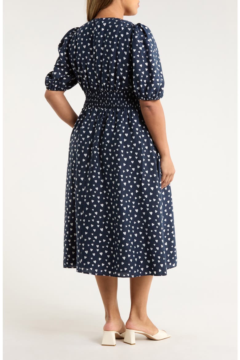 Heart Print Puff Sleeve Midi Dress, Alternate, color, NAVY- WHITE FLOATING HEARTS