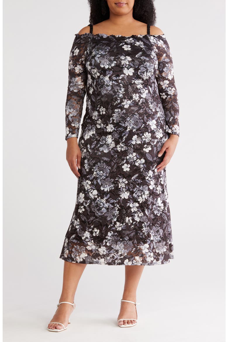 Floral Lace Midi Dress, Main, color, BLACK/ WHITE