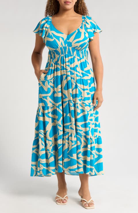 Printed Shirred Waist Tiered Maxi Sundress (Plus)