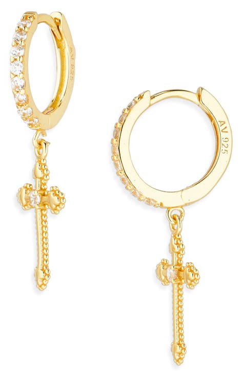 Cubic Zirconia Cross Charm Huggie Hoop Earrings