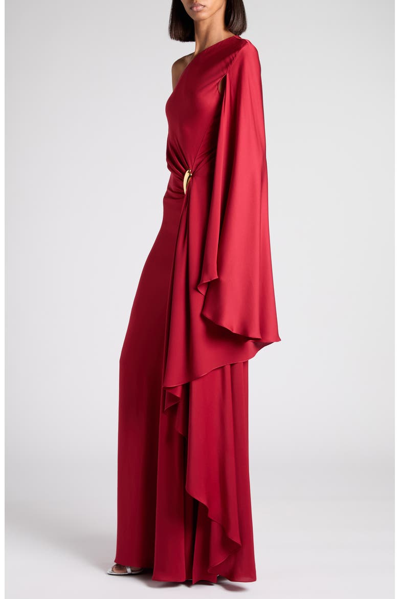 One-Shoulder Belt Detail Silk Satin Gown, Alternate, color, ER402 CRIMSON