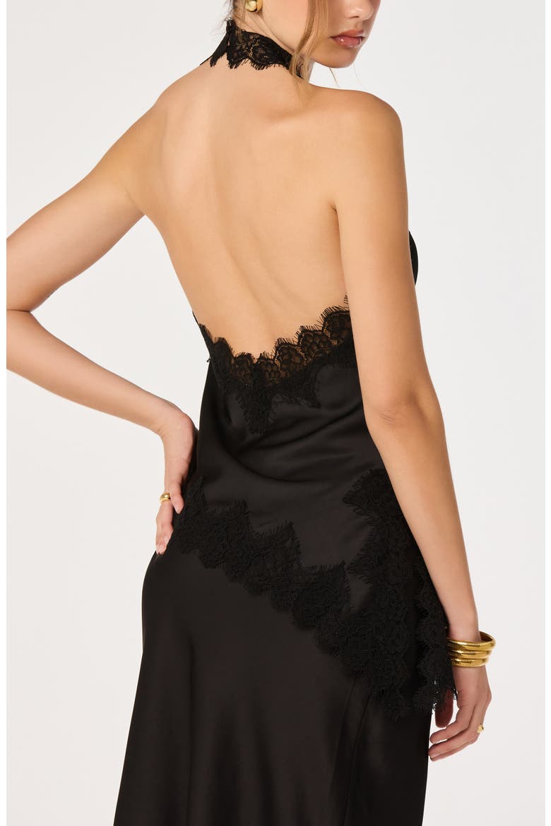Amira Lace Trim Cowl Neck Satin Top, Alternate, color, BLACK