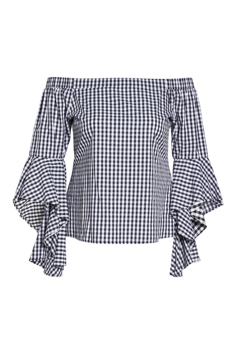 Bell Sleeve Off the Shoulder Shirt, Alternate, color, BLACK / WHITE