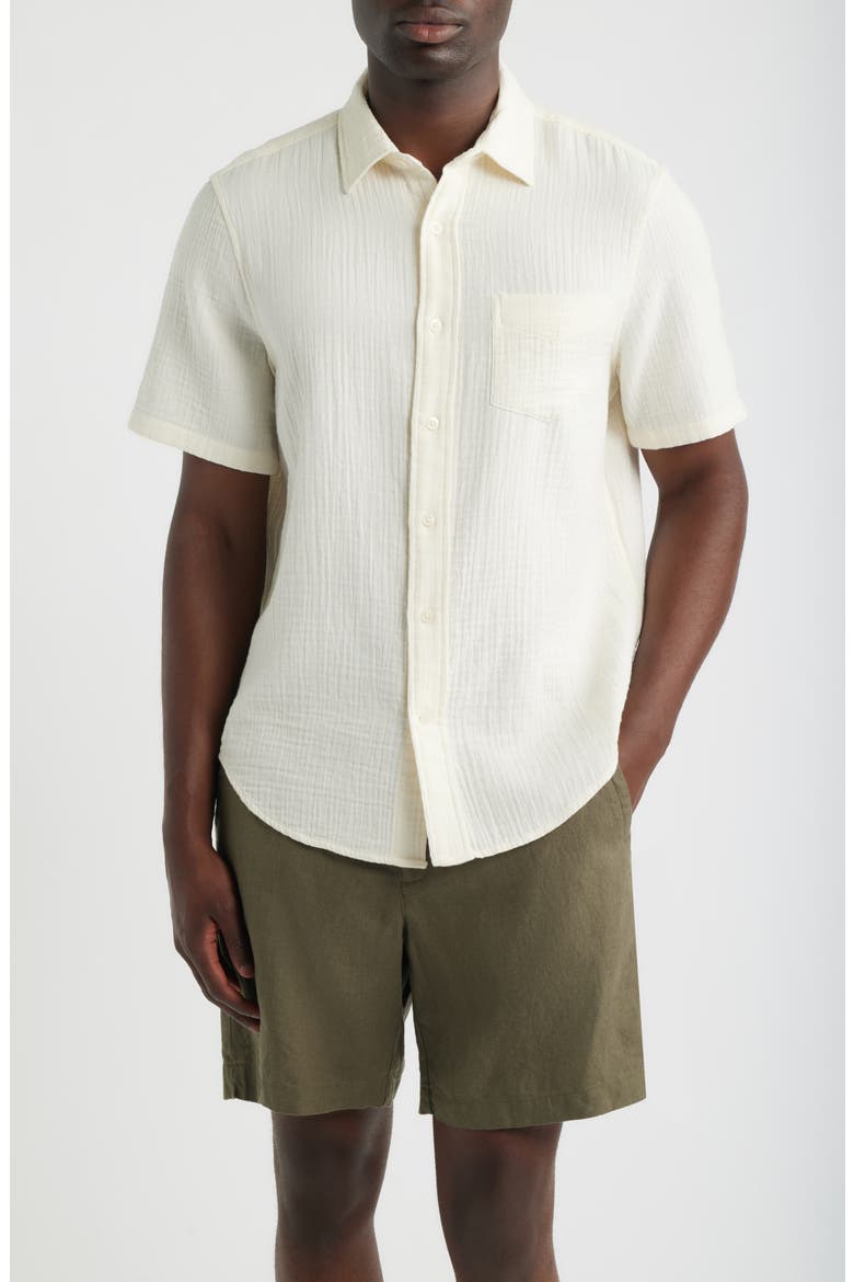 Duo Gauze Short Sleeve Cotton Button-Up Shirt, Main, color, IVORY EGRET