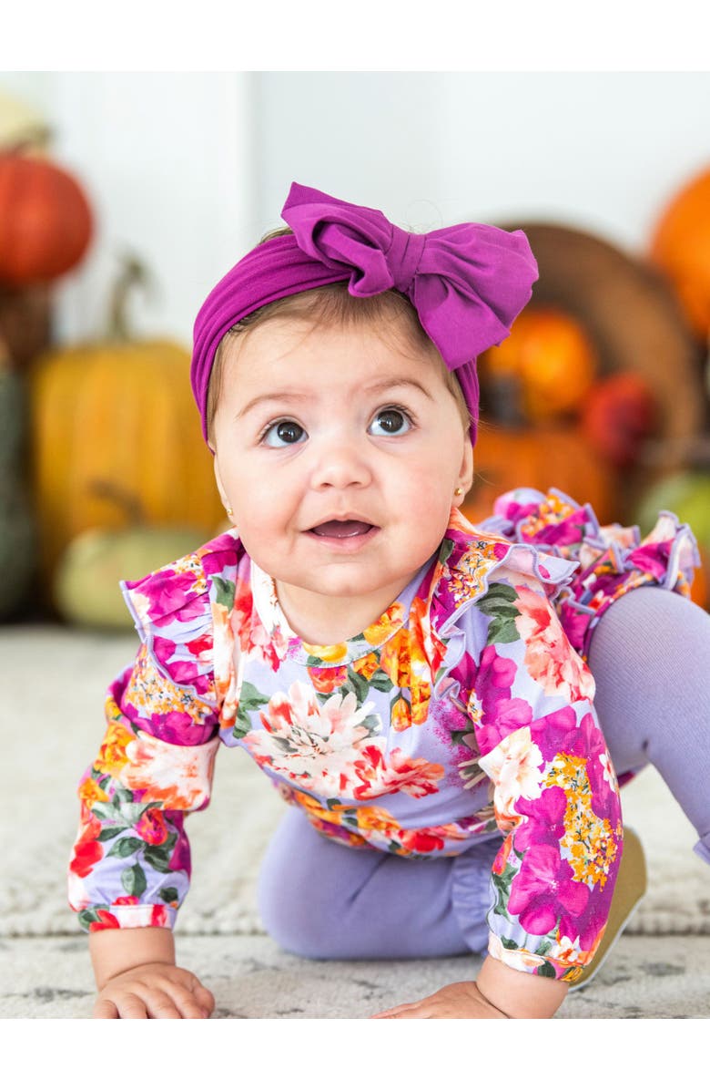 RuffleButts Long Sleeve Flutter Bubble Romper, Alternate, color, Lavender Valley