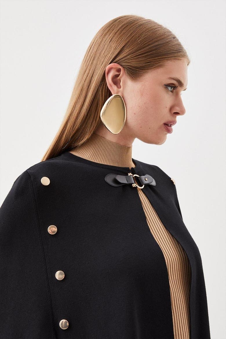 Popper Detail Knit Cape Coat, Alternate, color, Black