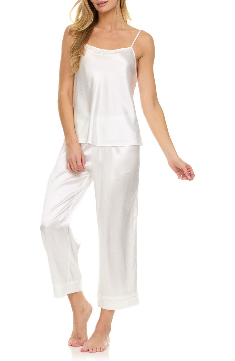Flora Nikrooz Jamie Pin Dot Satin Capri Pajamas with Faux Pearl Trim, Alternate, color, Ivory
