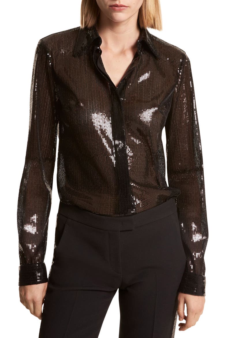 Hansen Sequin Button-Up Shirt, Main, color, BLACK
