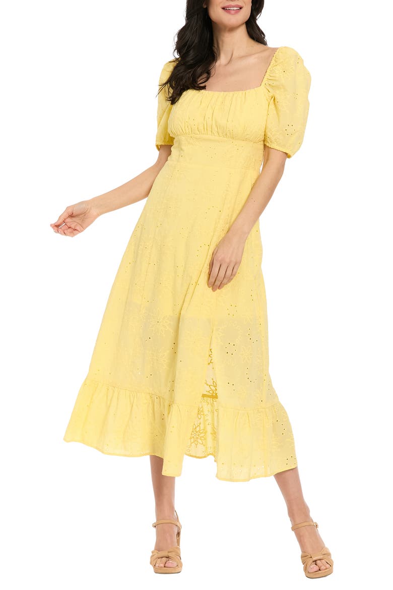 Floral Embroidered Eyelet Puff Sleeve Cotton Midi Dress, Main, color, YELLOW