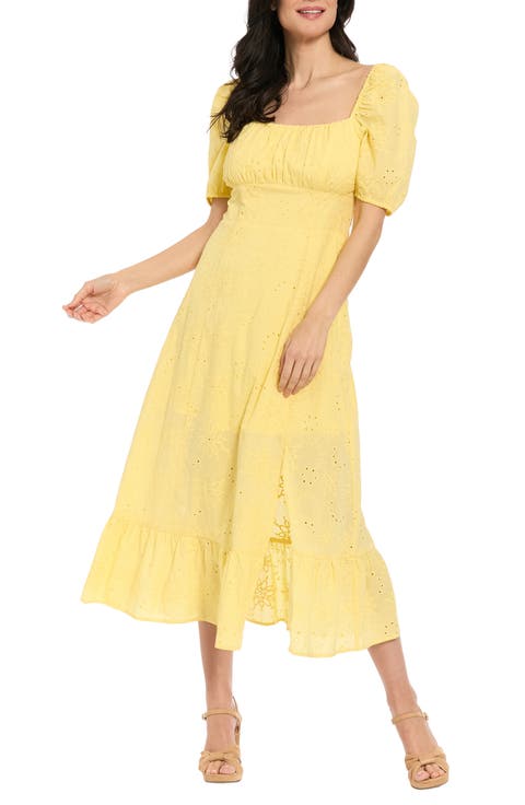 Floral Embroidered Eyelet Puff Sleeve Cotton Midi Dress