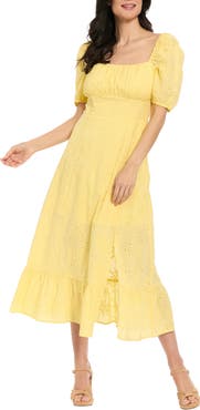London Times Floral Embroidered Eyelet Puff Sleeve Cotton Midi Dress