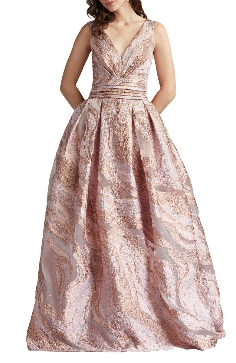 Tadashi Shoji Metallic Textured Abstract Print Gown, Main, color, Pebble