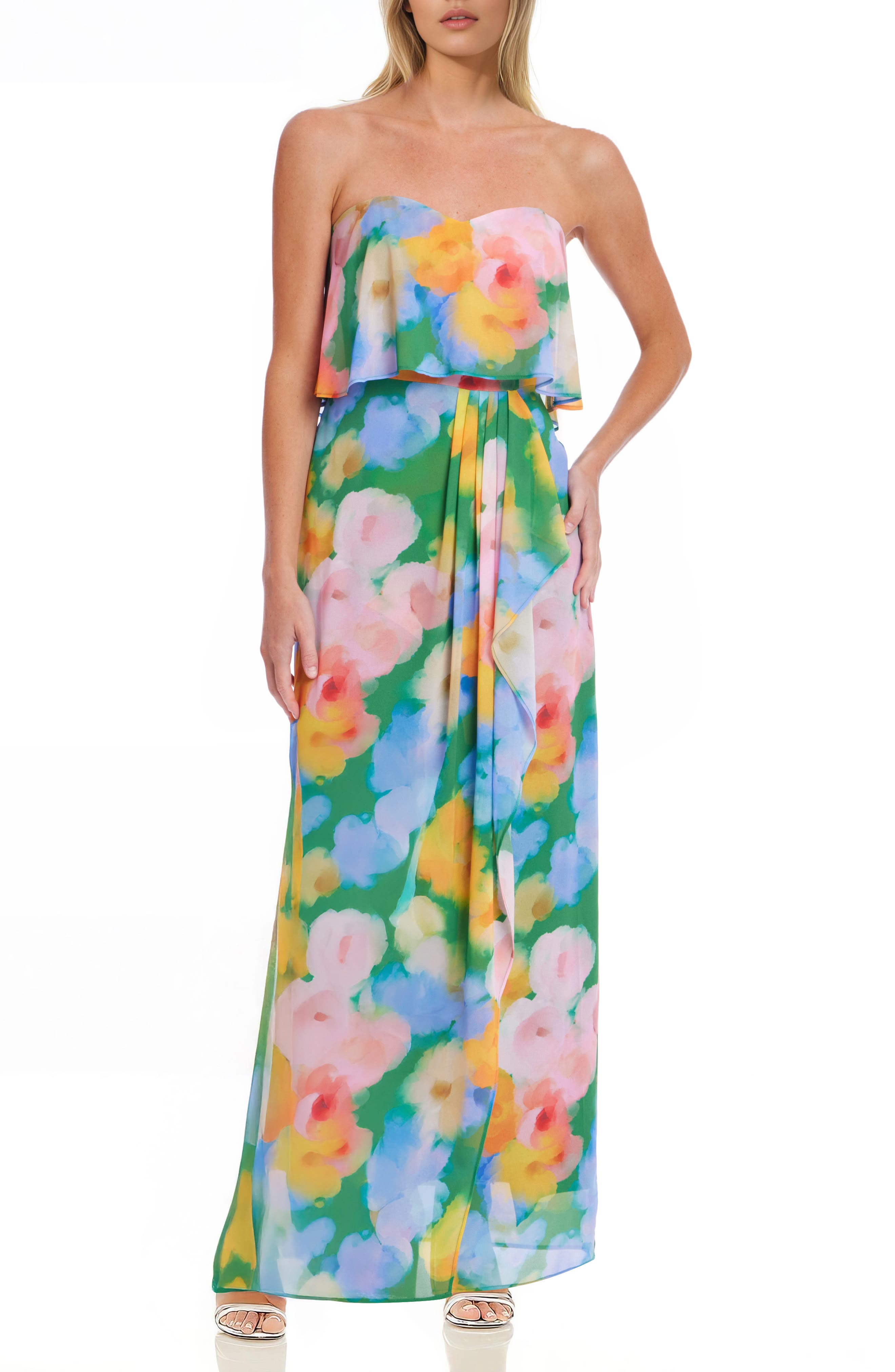 Jewel Badgley Mischka Floral Pleated Strapless Gown