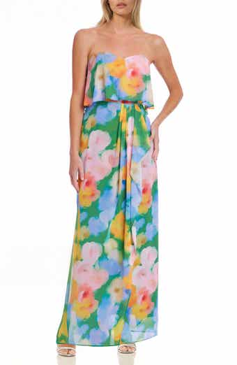 Jewel Badgley Mischka Floral Pleated Strapless Gown