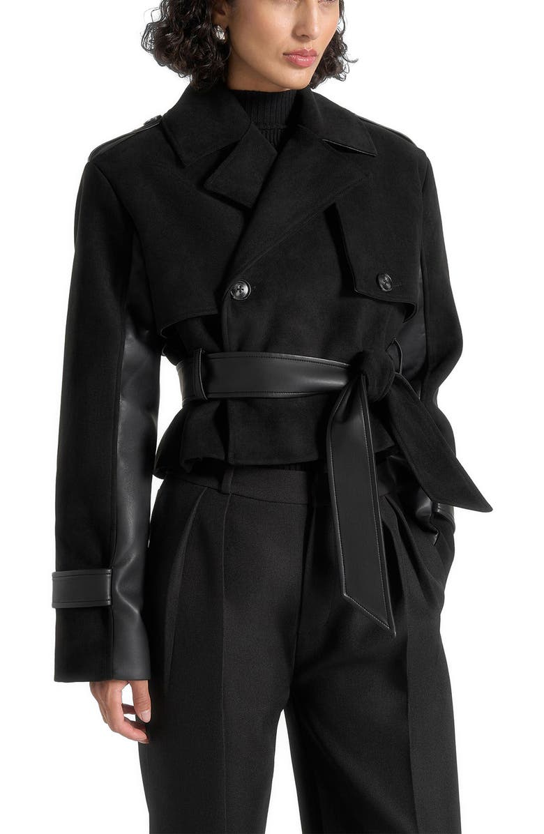 Manière De Voir Lelia Cropped Suede Trench Coat With Belt, Main, color, Black