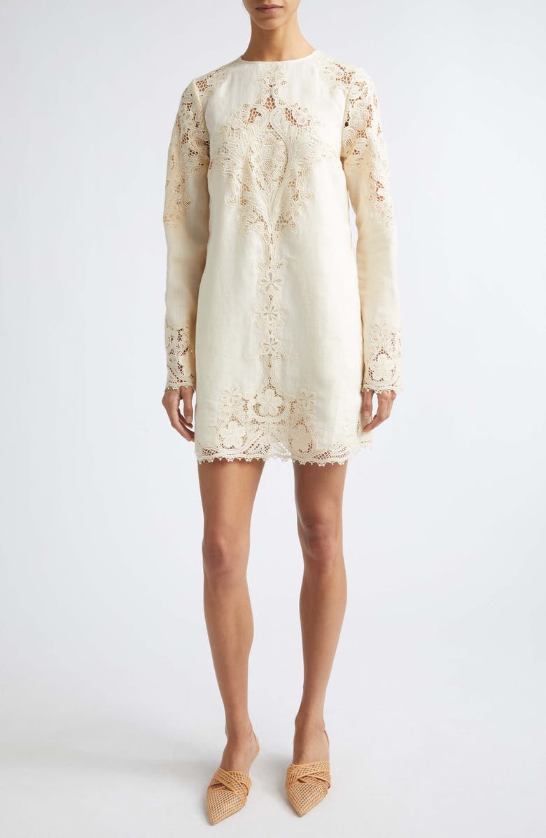 Ulla Johnson Camie Lace Long Sleeve Shift Minidress, Main, color, Ivory
