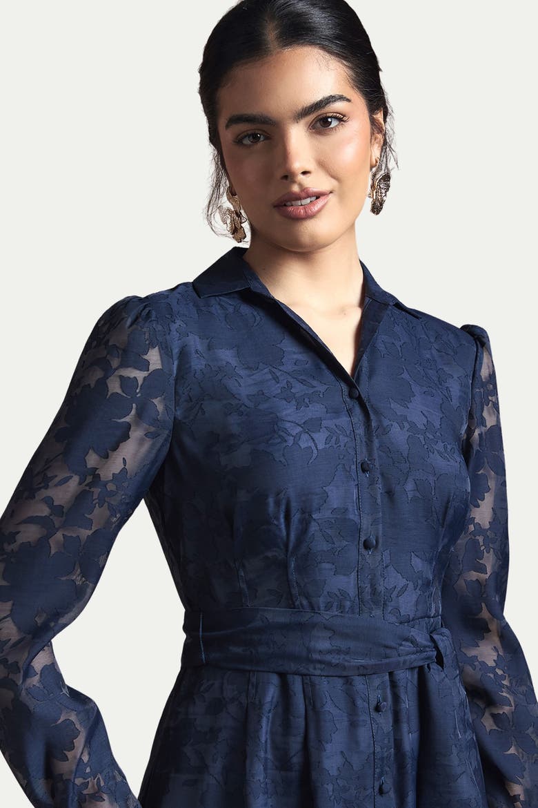 Floral Organza Belted Midi Dress, Alternate, color, Navy
