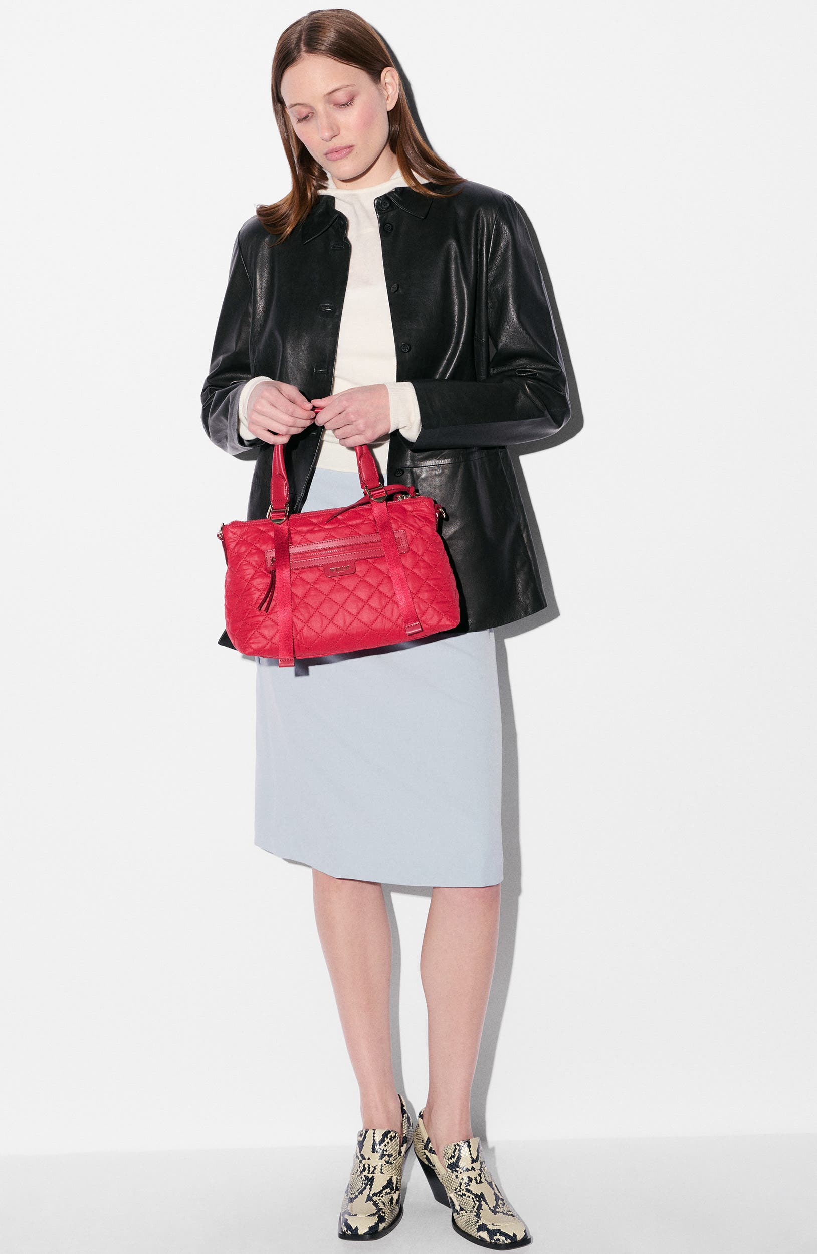 MZ Wallace Small Park Quilted Nylon Satchel, Alternate, color, Apple