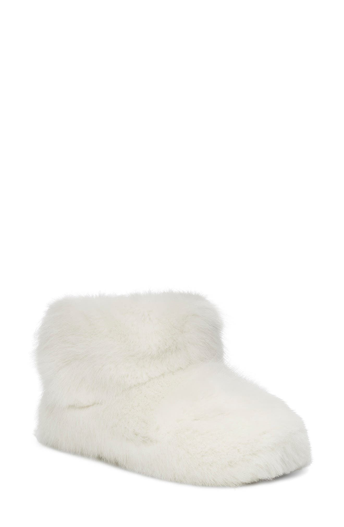 Amary Faux Fur Slipper Bootie, Main, color, WHITE FABRIC