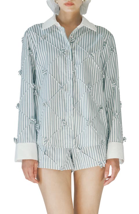 Atlas Pinstripe Diamond Seam Button-Up Top