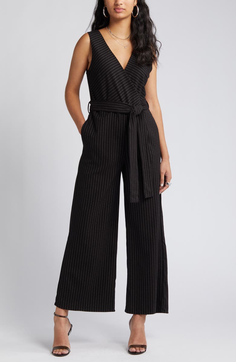 Chelsea28 Pintstripe Faux Wrap Jumpsuit, Alternate, color, Black Pinstripe