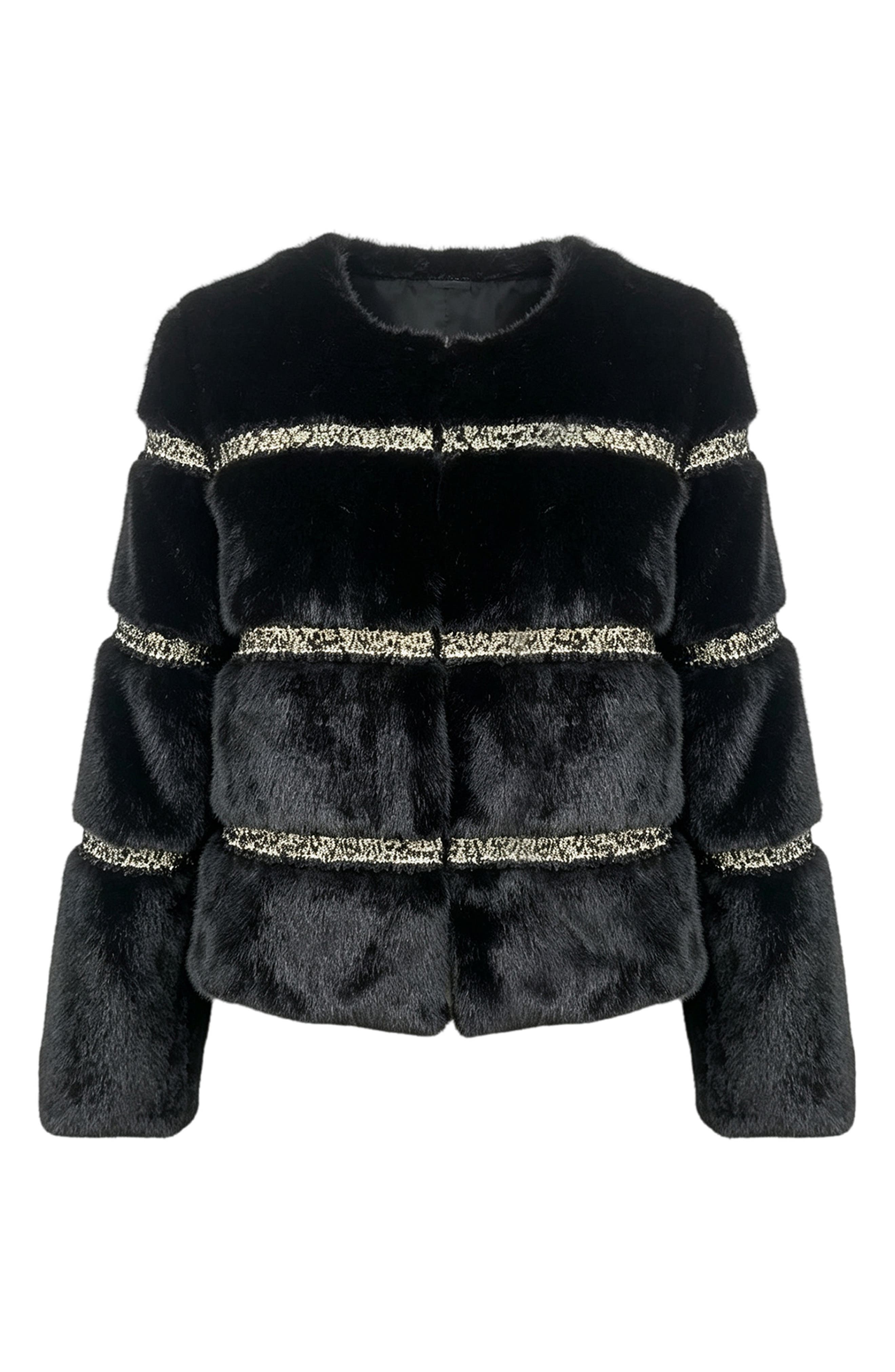 Metallic Lace Trim Faux Fur Jacket